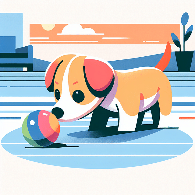 dog curiously sniffing a colorful fetch toy