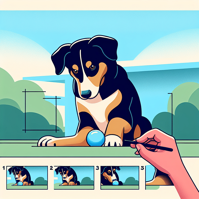 dog looking attentively at a toy in a calm setting