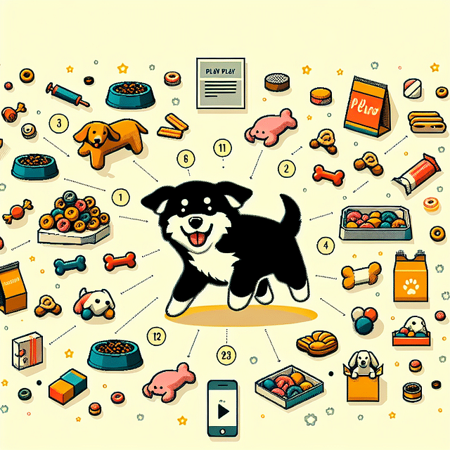 a happy dog with a variety of toys and treats around