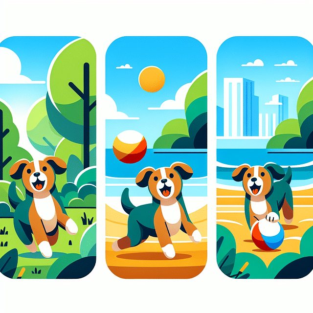 dog fetching a ball in various environments