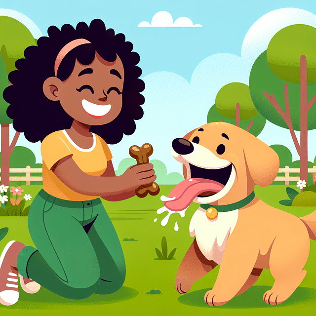 dog returning to owner with a fetch toy in mouth, owner holding a treat