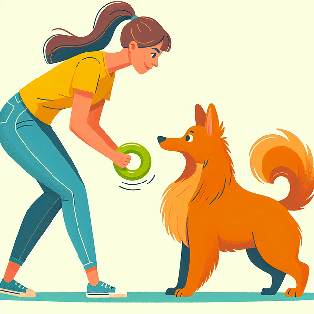 owner playfully teasing a dog with a fetch toy before tossing it