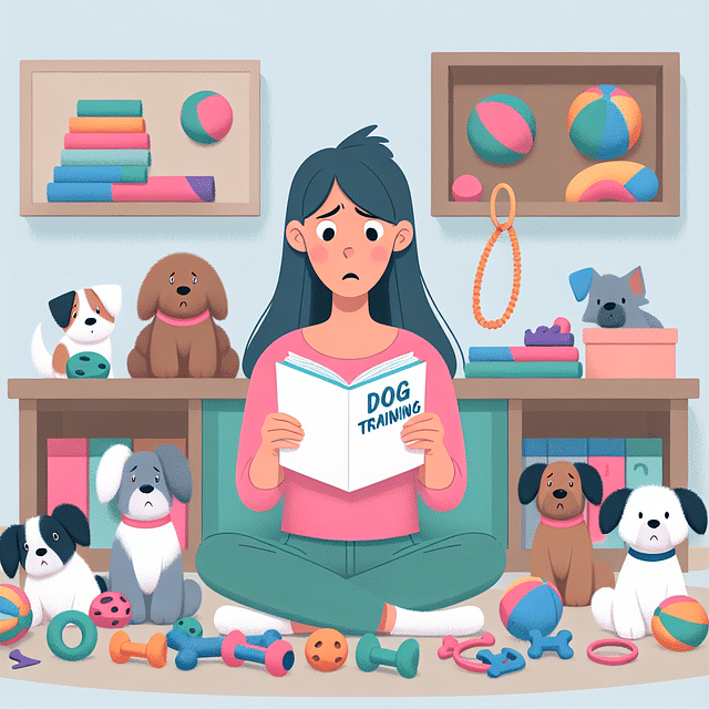 concerned dog owner consulting a training manual with various dog toys scattered around