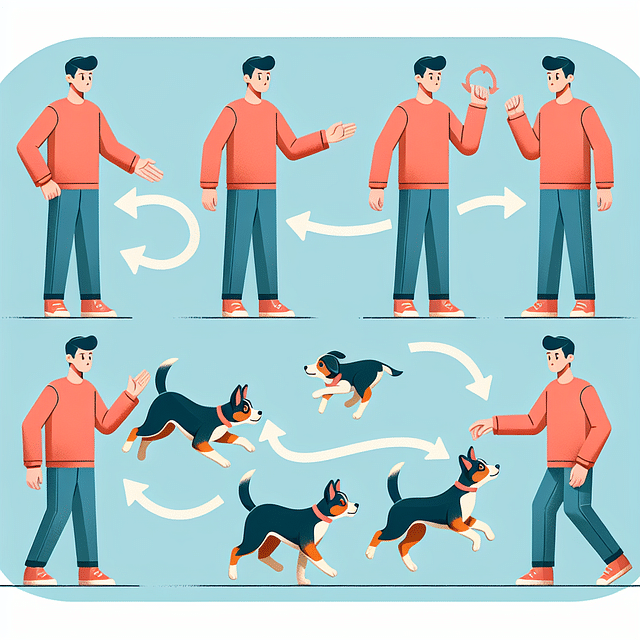 dog fetching in a specific direction guided by owner's hand signals