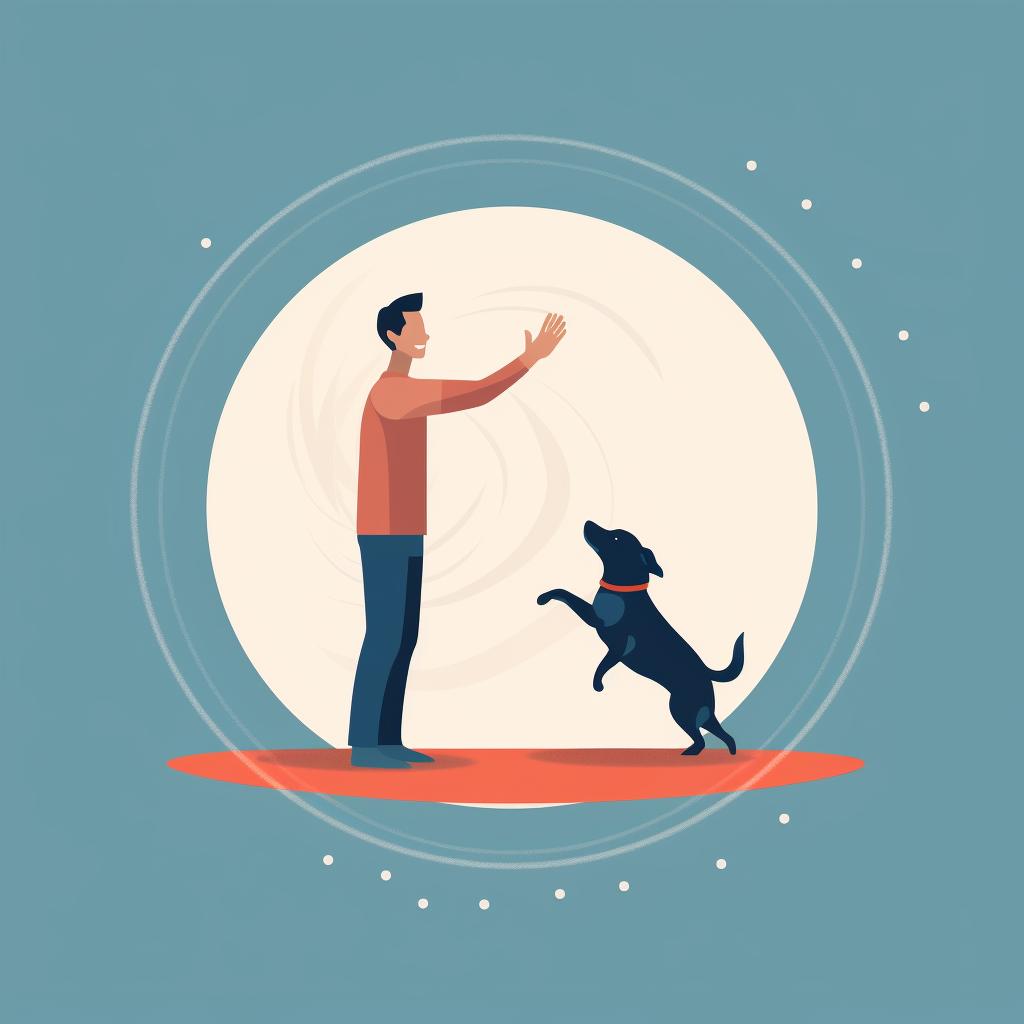A dog spinning in a circle following the owner's hand movement