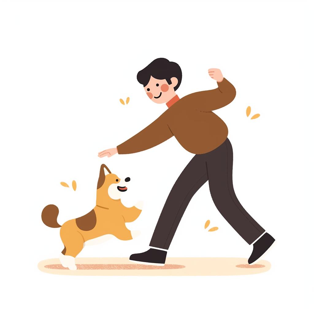 A dog owner happily practicing tricks with their dog