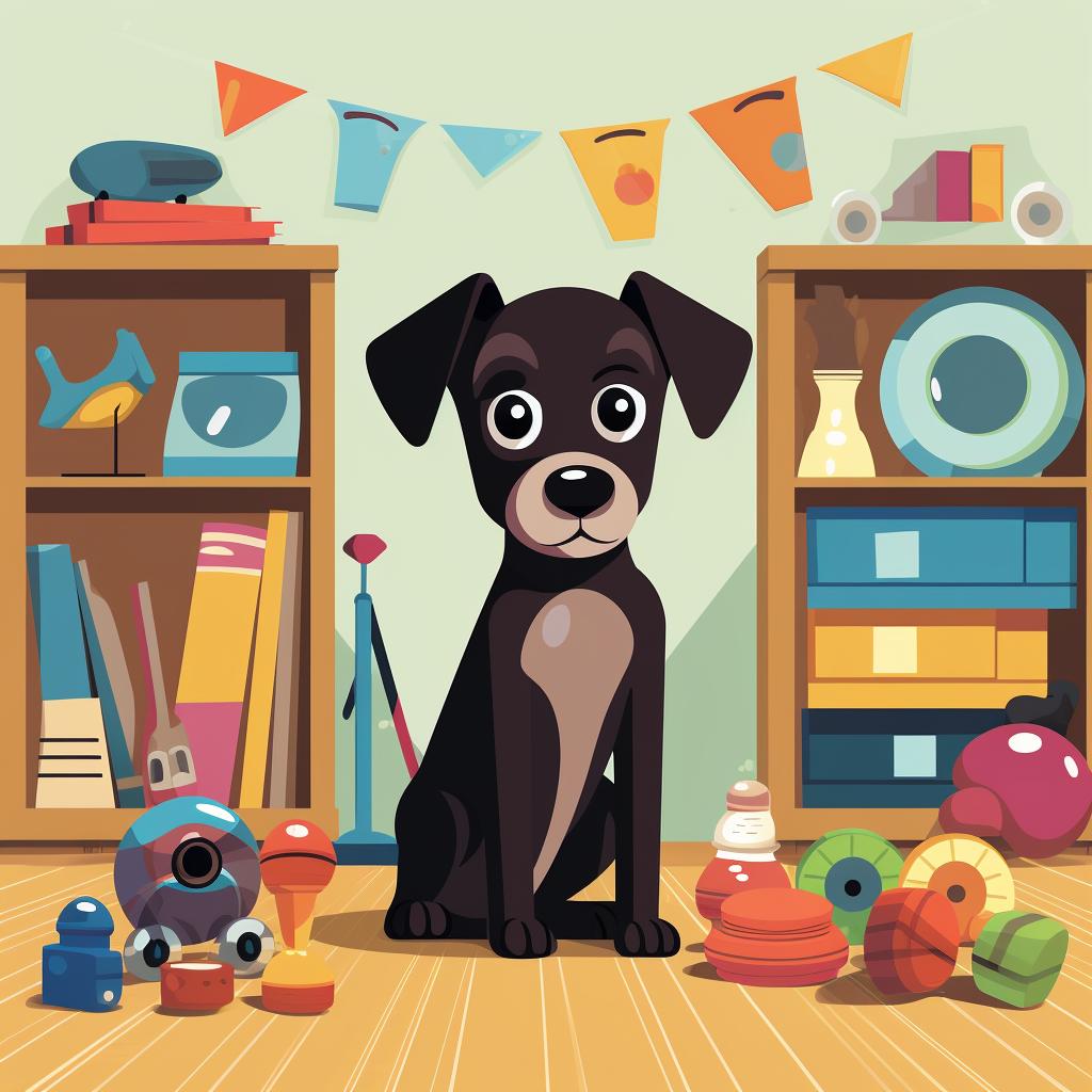 Dog looking at a variety of toys