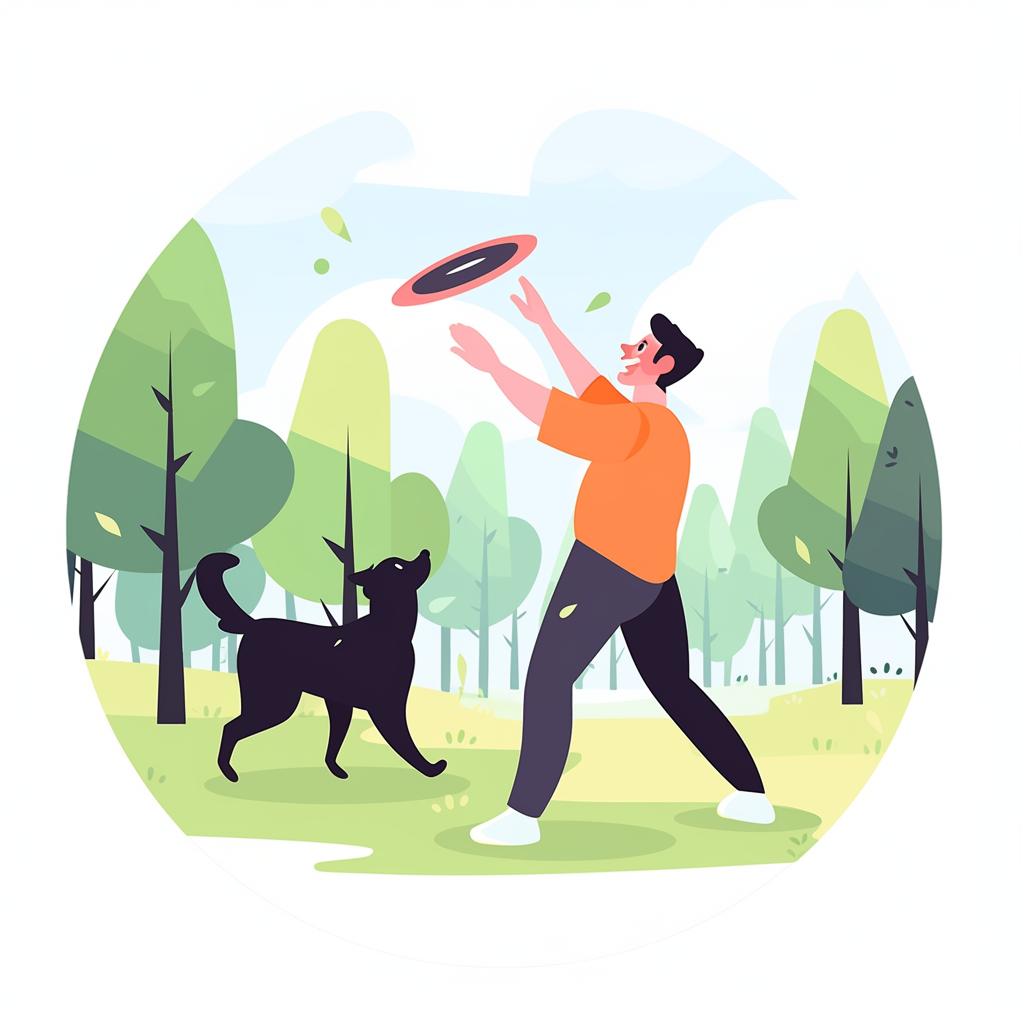 Owner throwing a frisbee in a park with a dog watching