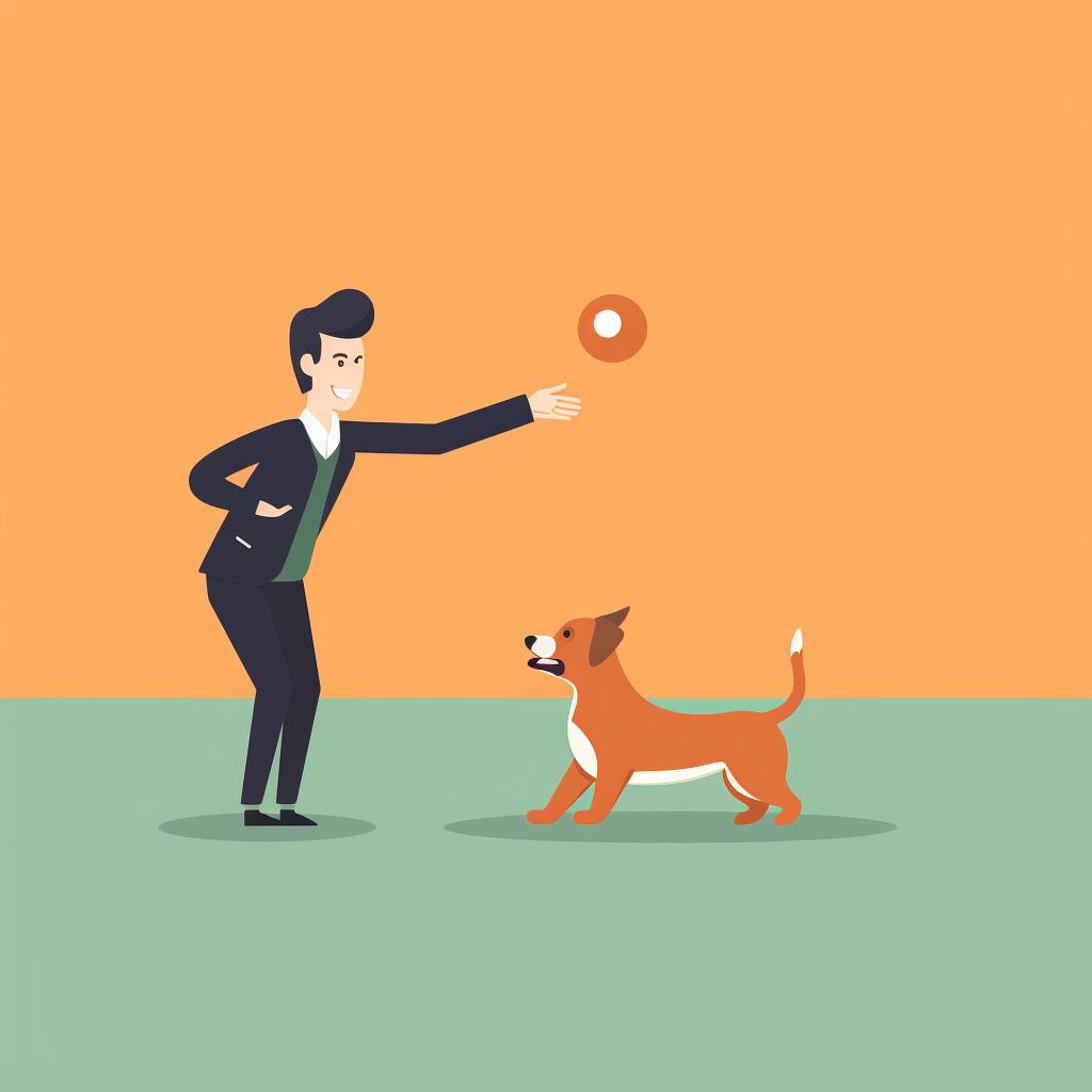 A person pointing at a dog toy on the ground and a dog running towards it.