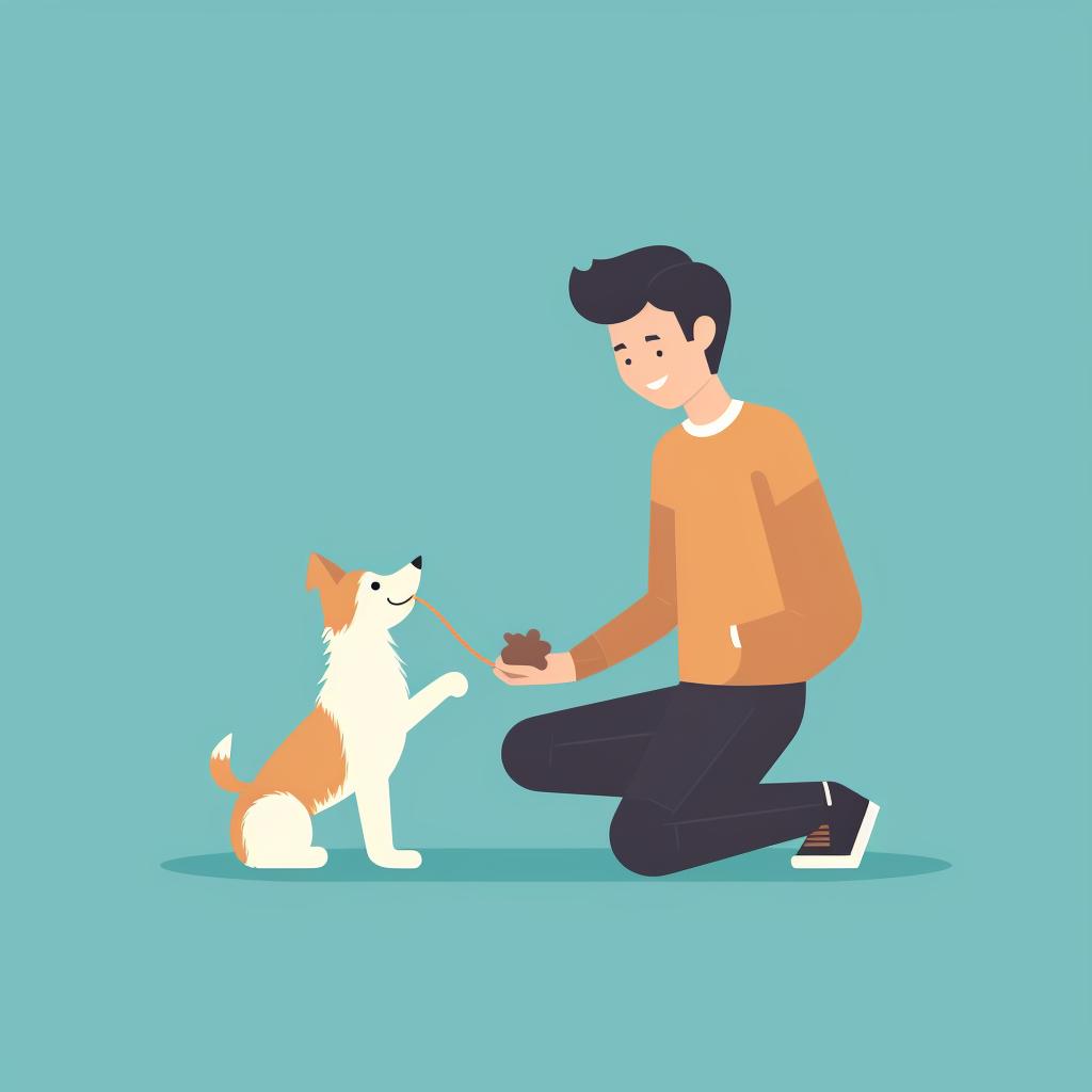A person giving a treat to a dog who has just returned a toy.
